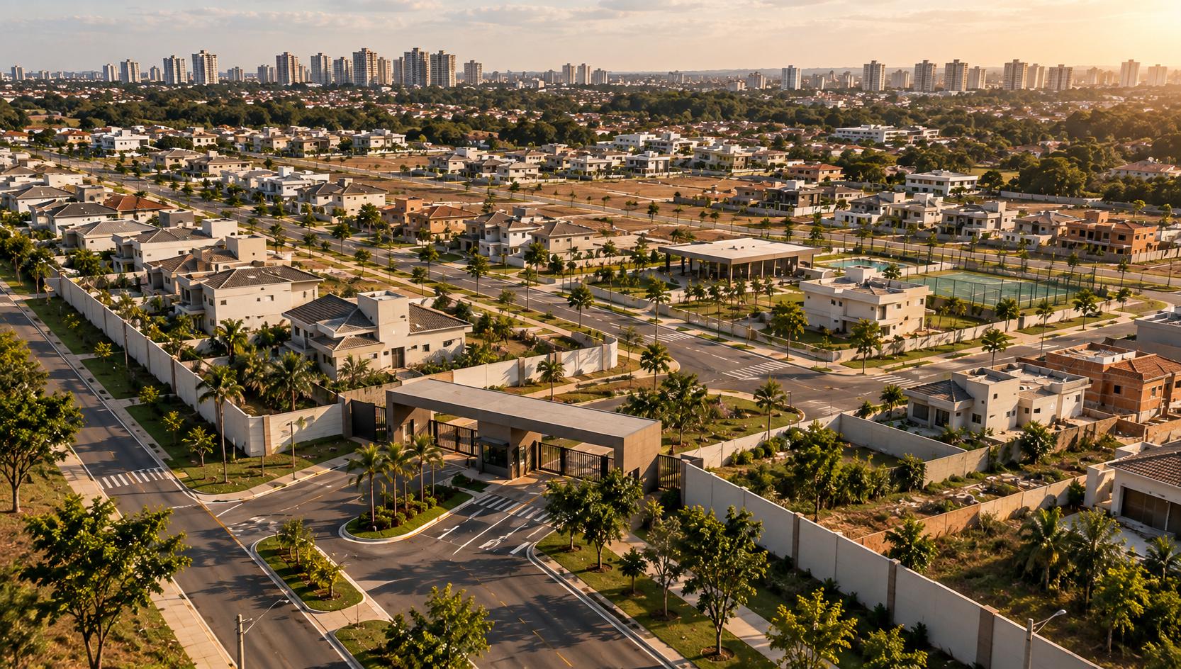 Vista aérea de condomínio residencial com portaria, ruas internas e lotes ao entardecer.