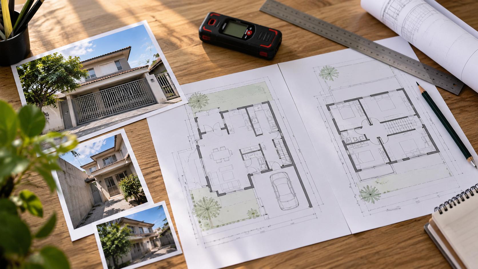 Planta de uma casa com medidas anotadas, trena laser e fotos da fachada sobre a mesa de trabalho